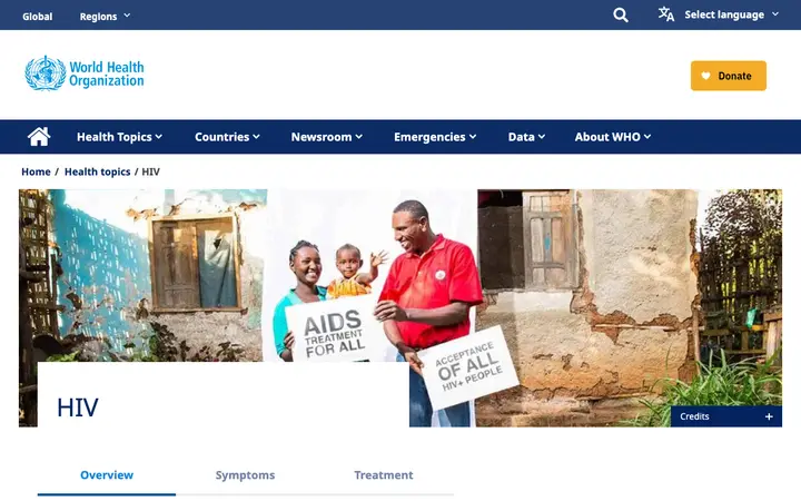 世界卫生组织 HIV 专题 网站截图
